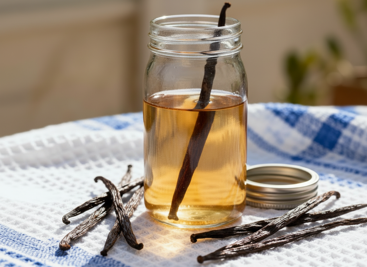 vanilla extract being made with vanilla beans on blue and white tablecloth