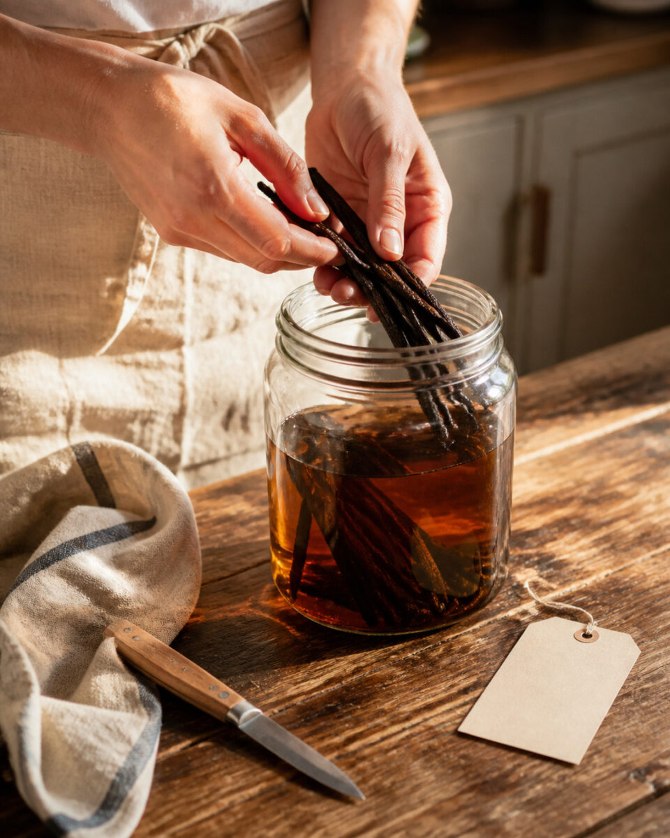 Hands lowering vanilla beans into a jar of homemade vanilla extract steeping on a wooden table, next to a blank gift tag
